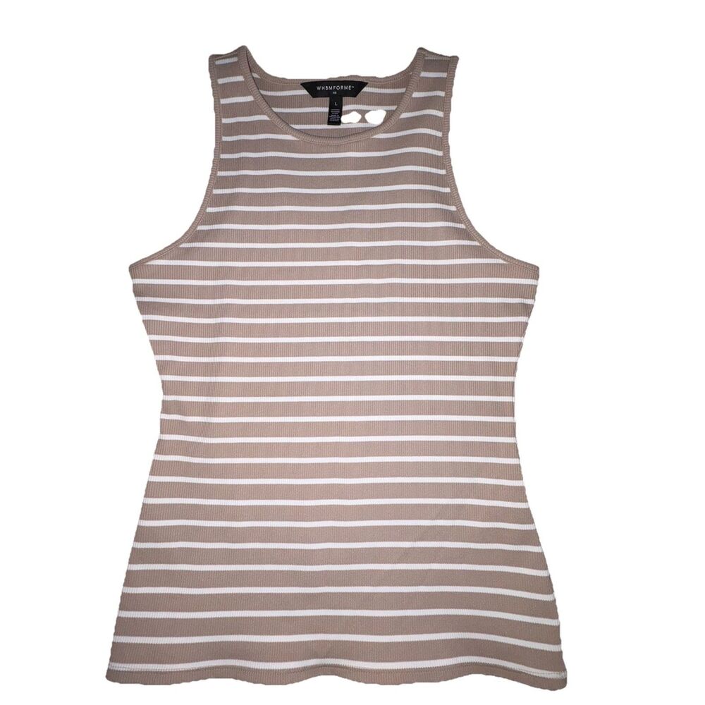 White House Black Market Force Tan & White Striped Rib Tank Top Size Large